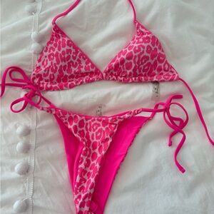 SHEIN Hot Pink Leopard Print Triangle String Bikini
